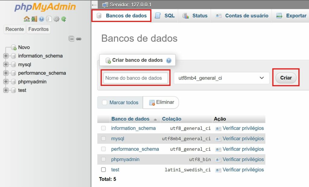 phpMyAdmin Criar DB phpMyAdmin Criar DB
