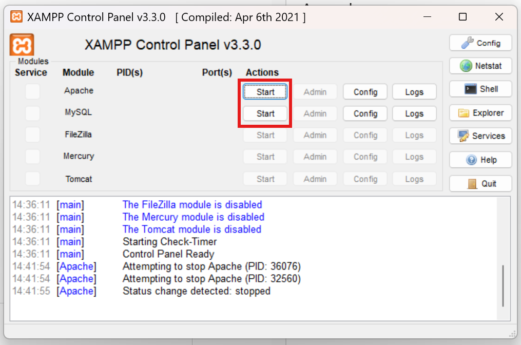 XAMPP Start XAMPP Start